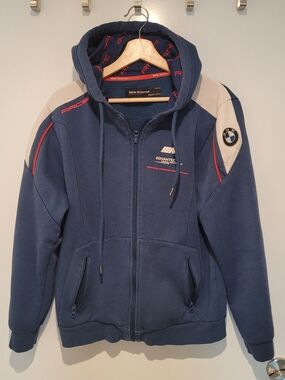 BMW Motorrad Navy Blue Hooded Zip Jacket with Beige Panels and Red Trim